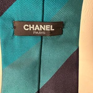 Authentic Chanel Teal, Green, and Navy Striped Silk Tie made in France 58 in